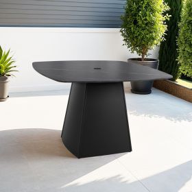 Modern 44" Rounded Square Outdoor Pedestal Dining Table, Black Sintered Stone Top, Flared Pyramid Aluminum Pedestal Base, Weather-Resistant, Rust