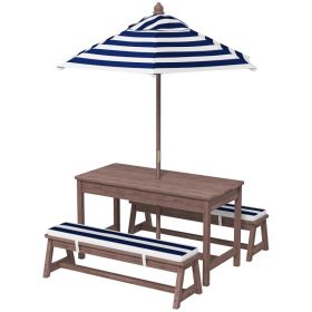 taOutdoor Wooden Kids Picnic Table & Bench Set With Cushions And Umbrella, For Patio, Garden, Navy Blue (Option: Navy Blue)