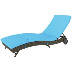 Sky Blue Patio Wicker Chaise Lounge With Adjustable Backrest and Wheels (Option: Sky Blue)