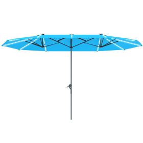 15 Ft Double Sided Blue Patio Umbrella With Solar Lights and Crank (Option: Blue)