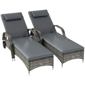 Gray Outdoor Reclining Chaise Lounge Chairs Set of 2 With Cushions and Wheels (Option: Gray)