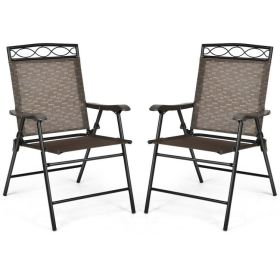Set of 2 Patio Folding Chairs Sling Portable Dining Chair Set with Armrest (Color: Black)