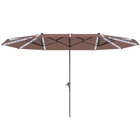 15 Ft Double Sided Tan Patio Umbrella With Solar Lights and Crank (Option: Tan)